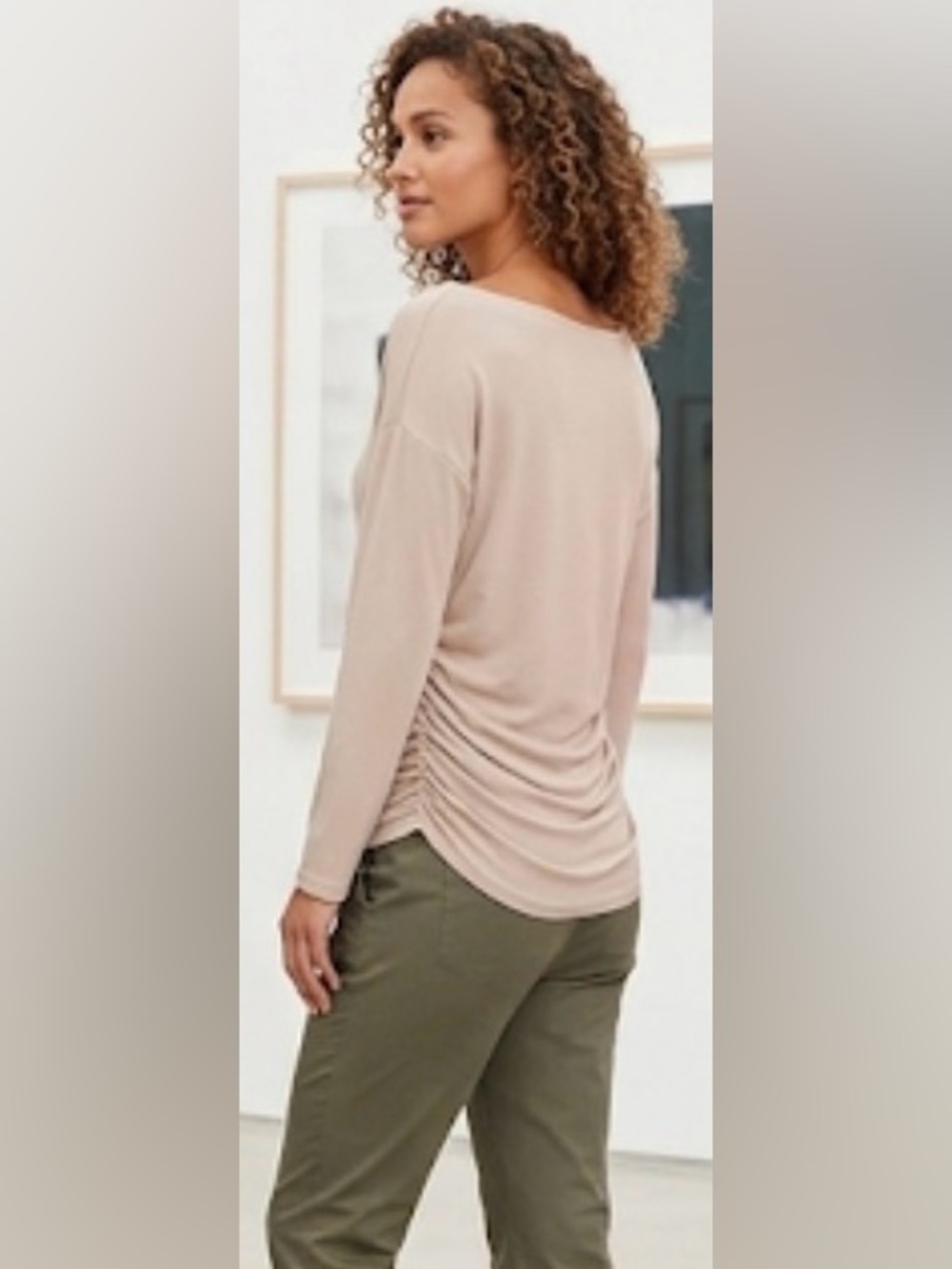Boatneck Long Sleeve Ruched Back Top - Beige size medium no tags like new
